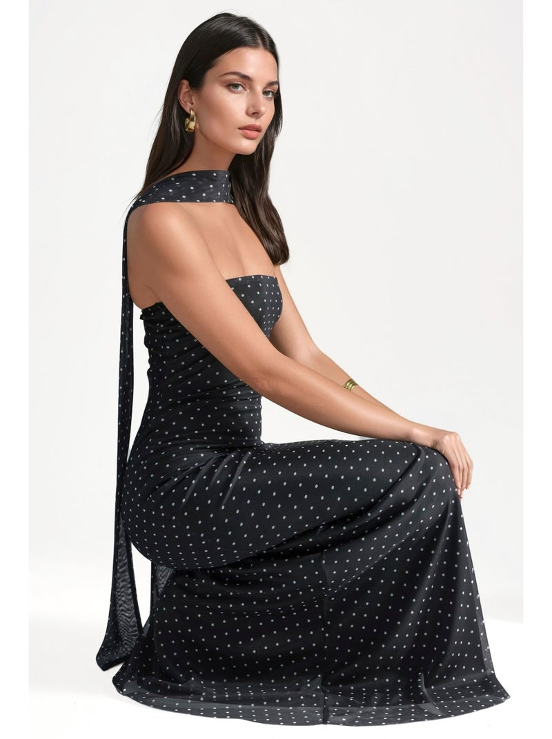 Abito maxi a pois senza spalline con dettaglio sciarpa hiccup Nero Bianco - Kiabi