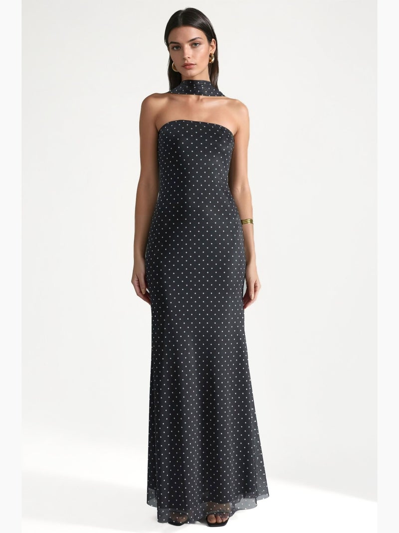 Abito maxi a pois senza spalline con dettaglio sciarpa hiccup Nero Bianco - Kiabi
