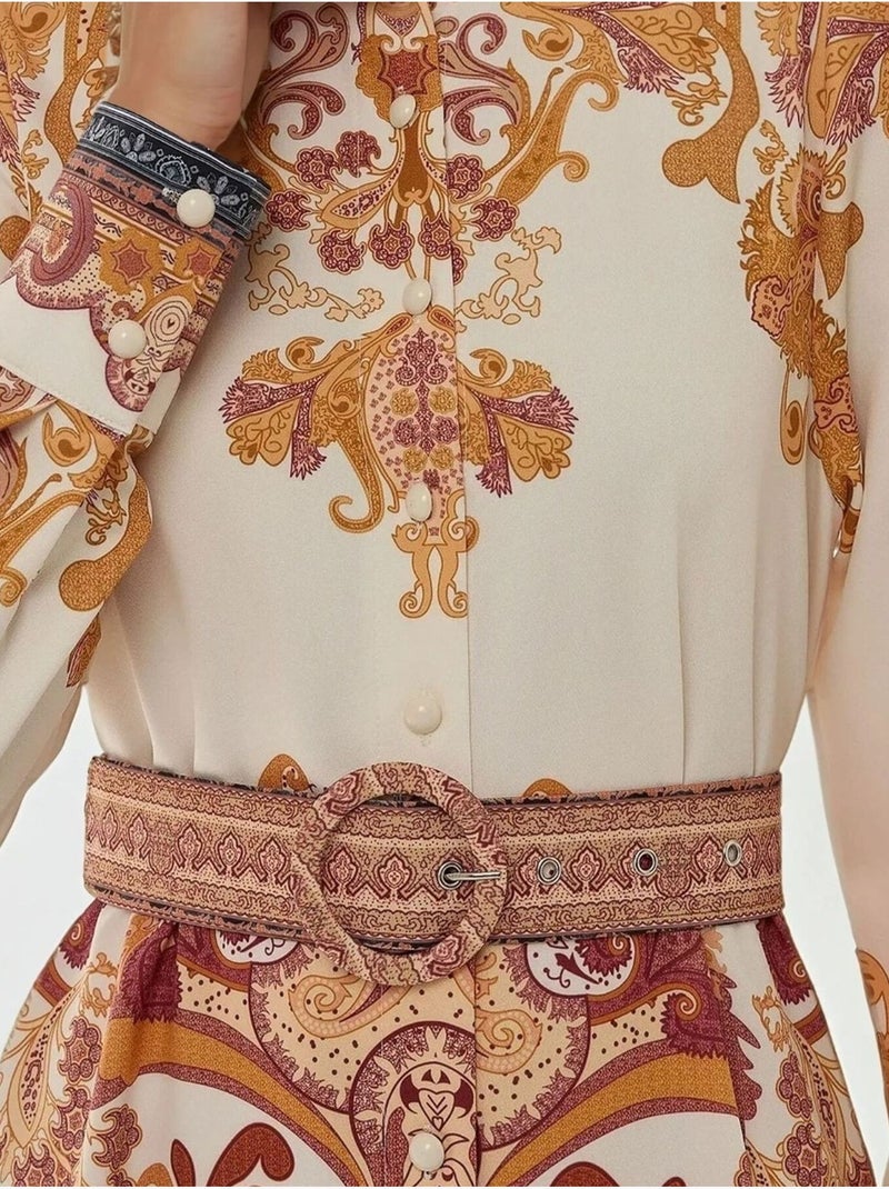 Abito maxi a trapezio stampato con cintura Arancione - Kiabi