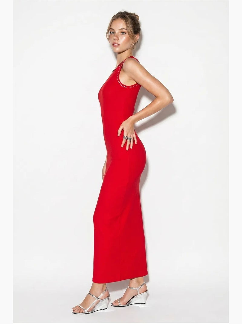 Abito maxi aderente a coste senza maniche lucci Rosso - Kiabi
