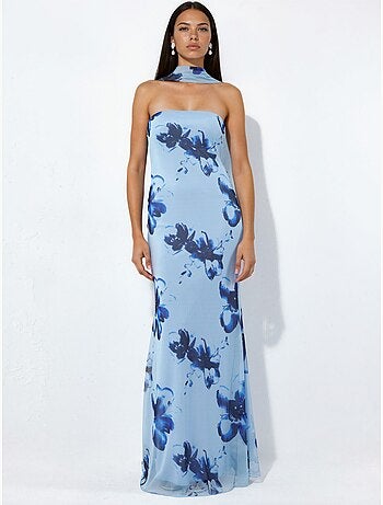 Abito maxi aderente con fiori senza spalline