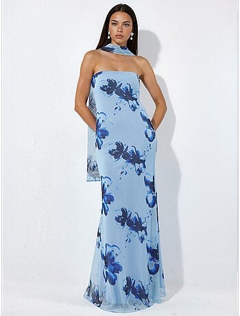 Abito maxi aderente con fiori senza spalline