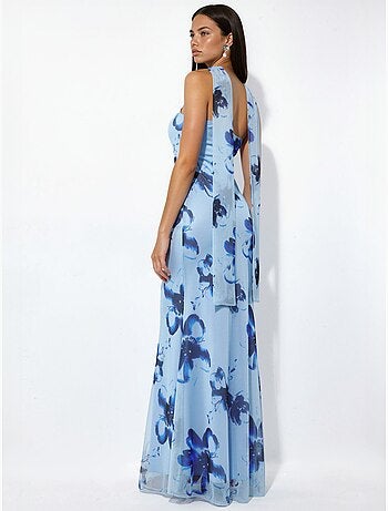 Abito maxi aderente con fiori senza spalline