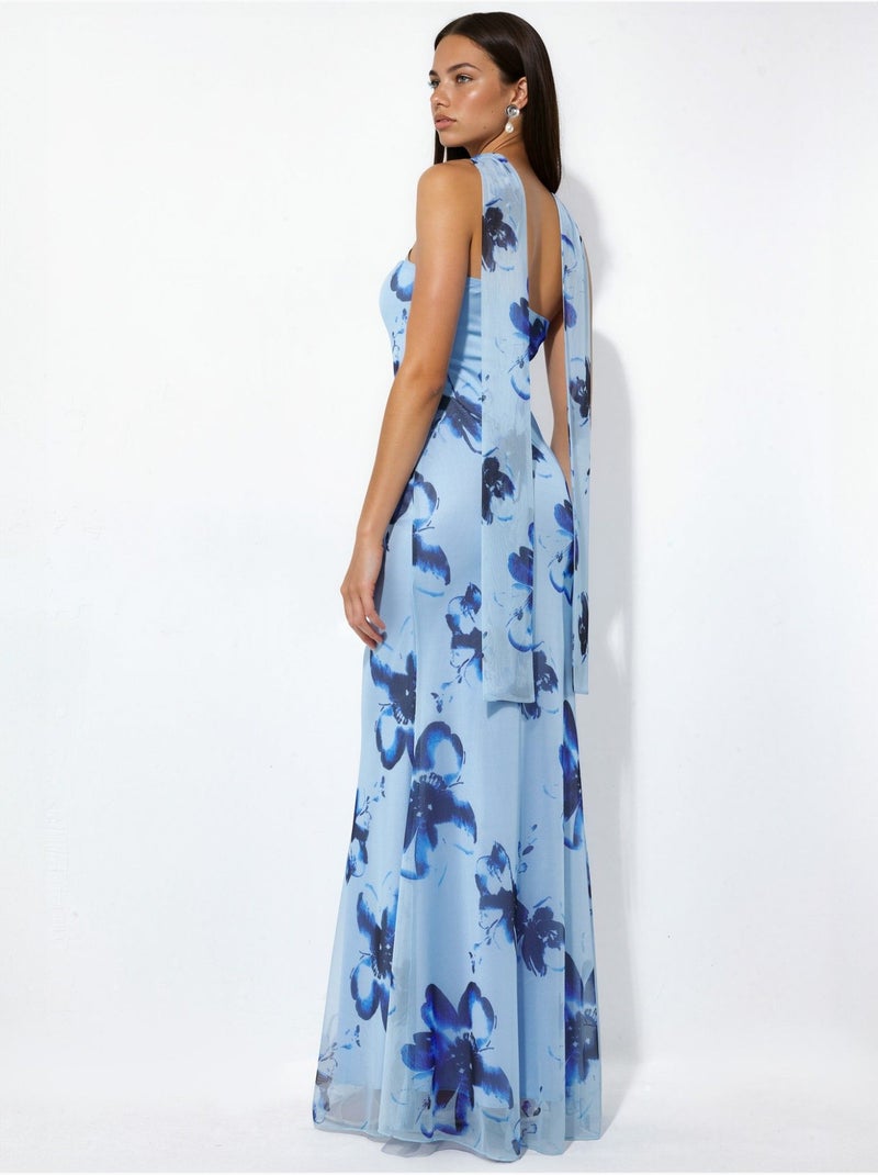 Abito maxi aderente con fiori senza spalline Blu cielo - Kiabi