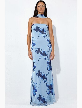 Abito maxi aderente con fiori senza spalline hiccup