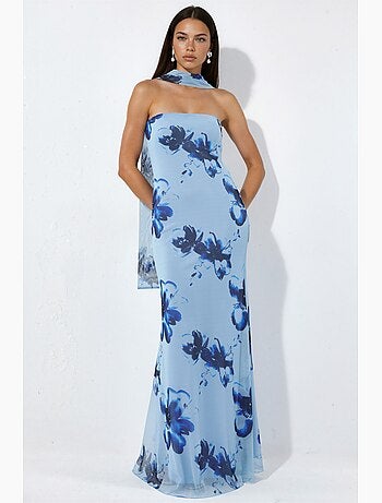 Abito maxi aderente con fiori senza spalline hiccup