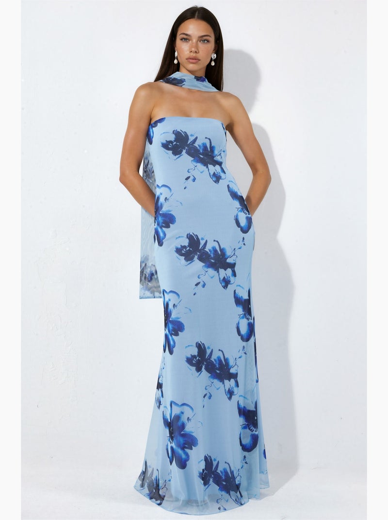 Abito maxi aderente con fiori senza spalline hiccup Blu cielo - Kiabi