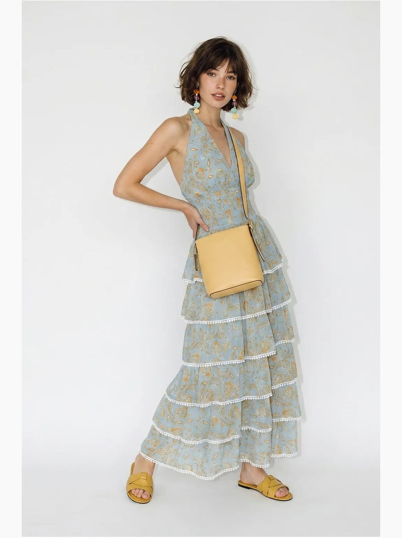 Abito maxi allacciato al collo con motivo paisley lucci Blu pastello - Kiabi