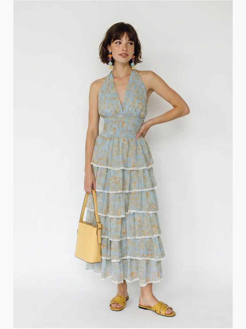 Abito maxi allacciato al collo con motivo paisley lucci Blu pastello - Kiabi