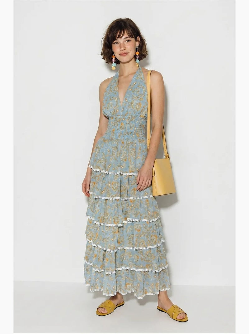 Abito maxi allacciato al collo con motivo paisley lucci Blu pastello - Kiabi