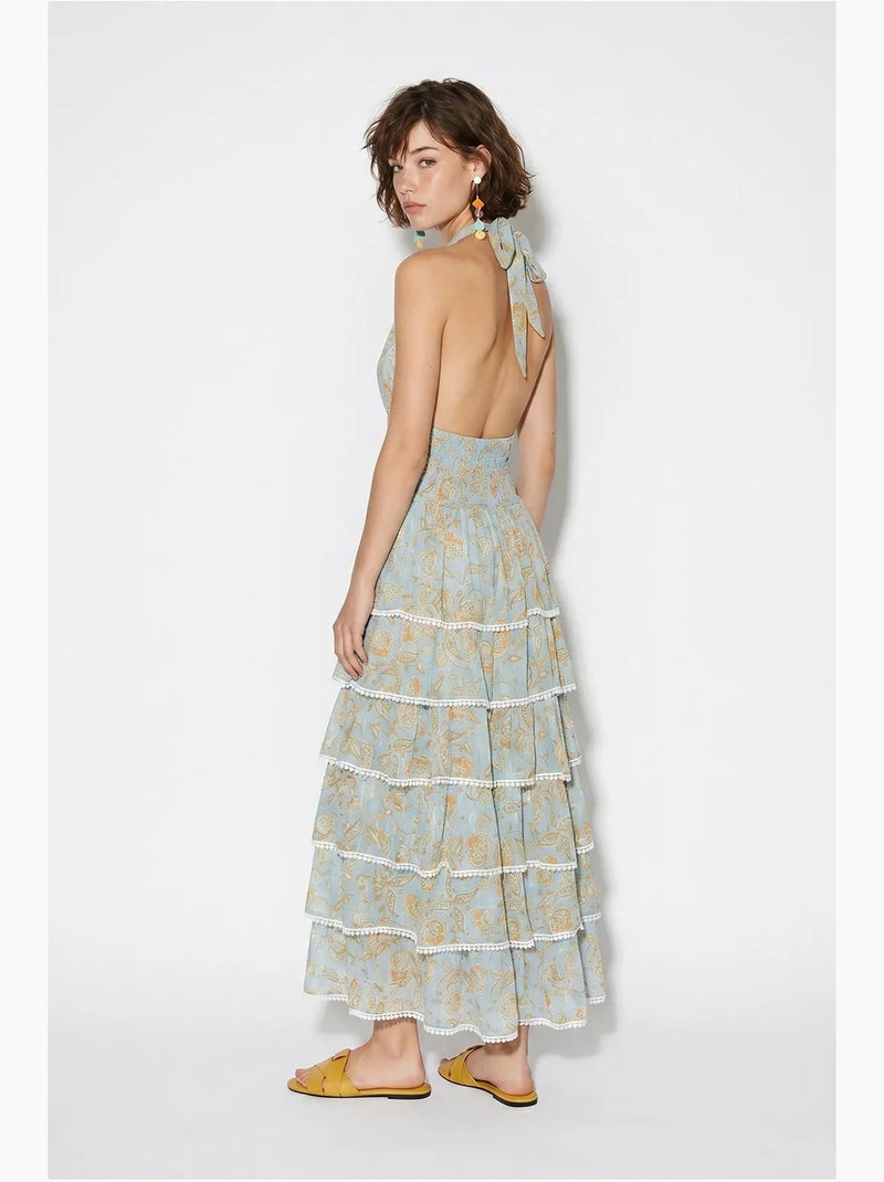 Abito maxi allacciato al collo con motivo paisley lucci Blu pastello - Kiabi