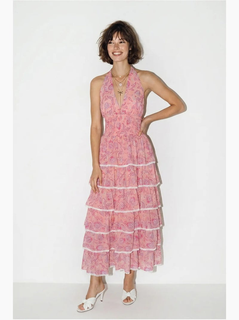 Abito maxi allacciato al collo con motivo paisley lucci Rosa - Kiabi