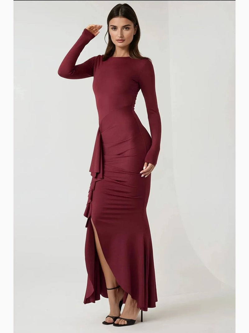Abito maxi bodycon con scollo rotondo e dettaglio con volant hiccup Rosso bordeaux - Kiabi