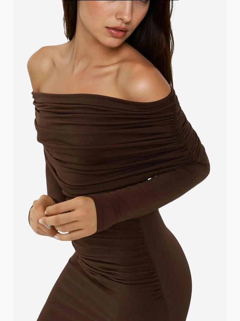 Abito maxi bodycon con spalle scoperte hiccup Marrone cioccolato - Kiabi