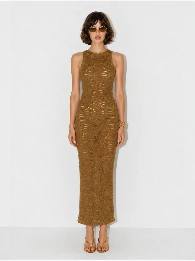 Abito maxi bodycon senza maniche in viscosa testurizzata lucci Cammello - Kiabi