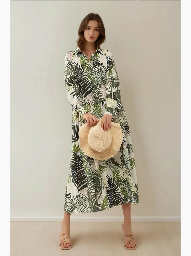 Abito maxi con colletto a camicia e motivo floreale hiccup Cachi - Kiabi