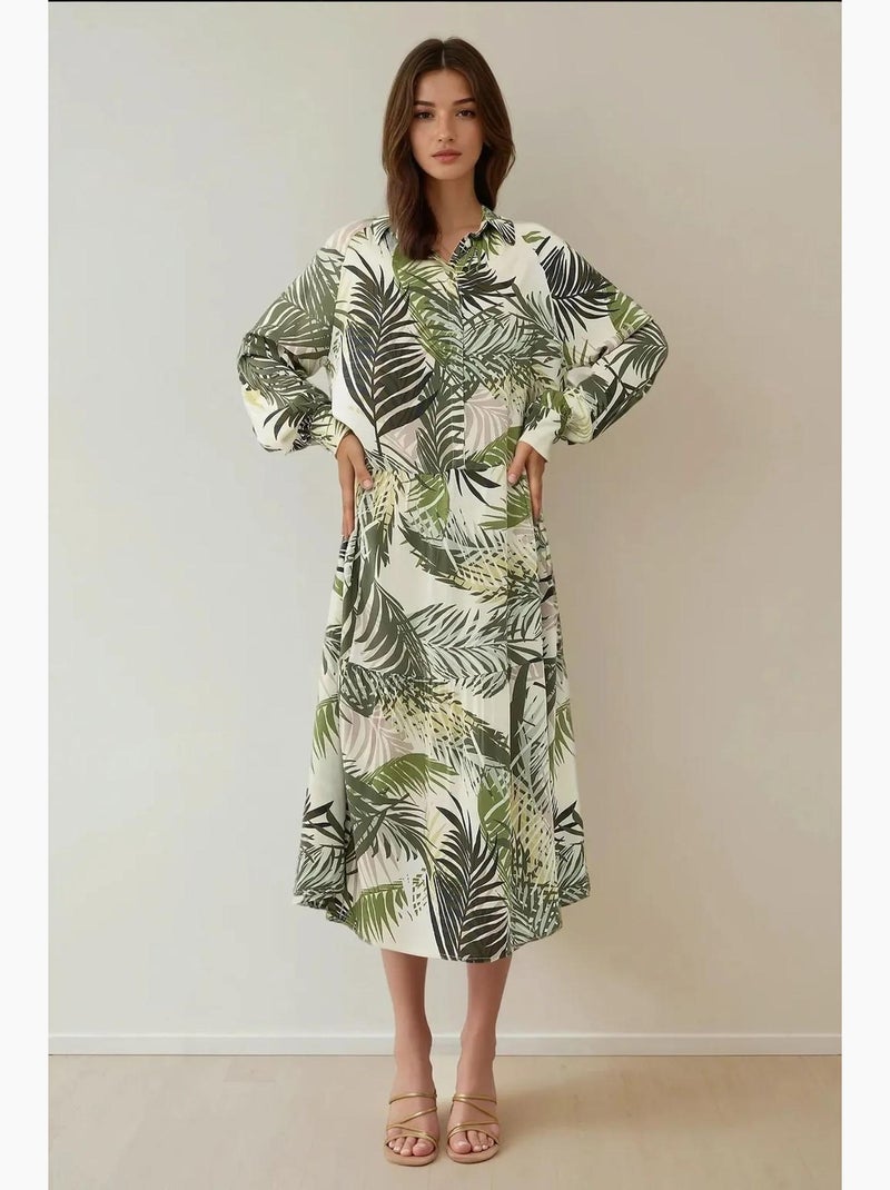 Abito maxi con colletto a camicia e motivo floreale hiccup Cachi - Kiabi