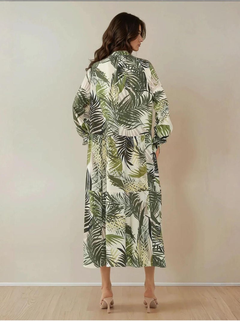 Abito maxi con colletto a camicia e motivo floreale hiccup Cachi - Kiabi