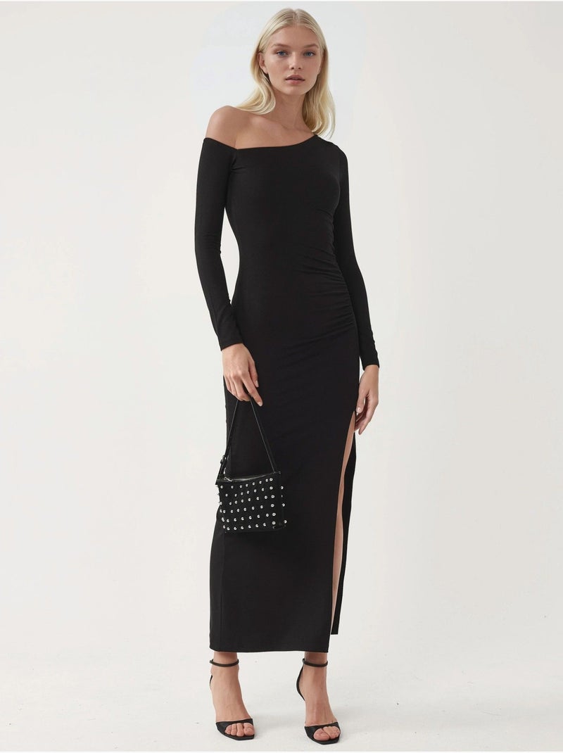 Abito maxi con colletto asimmetrico e spacco busem Nero - Kiabi