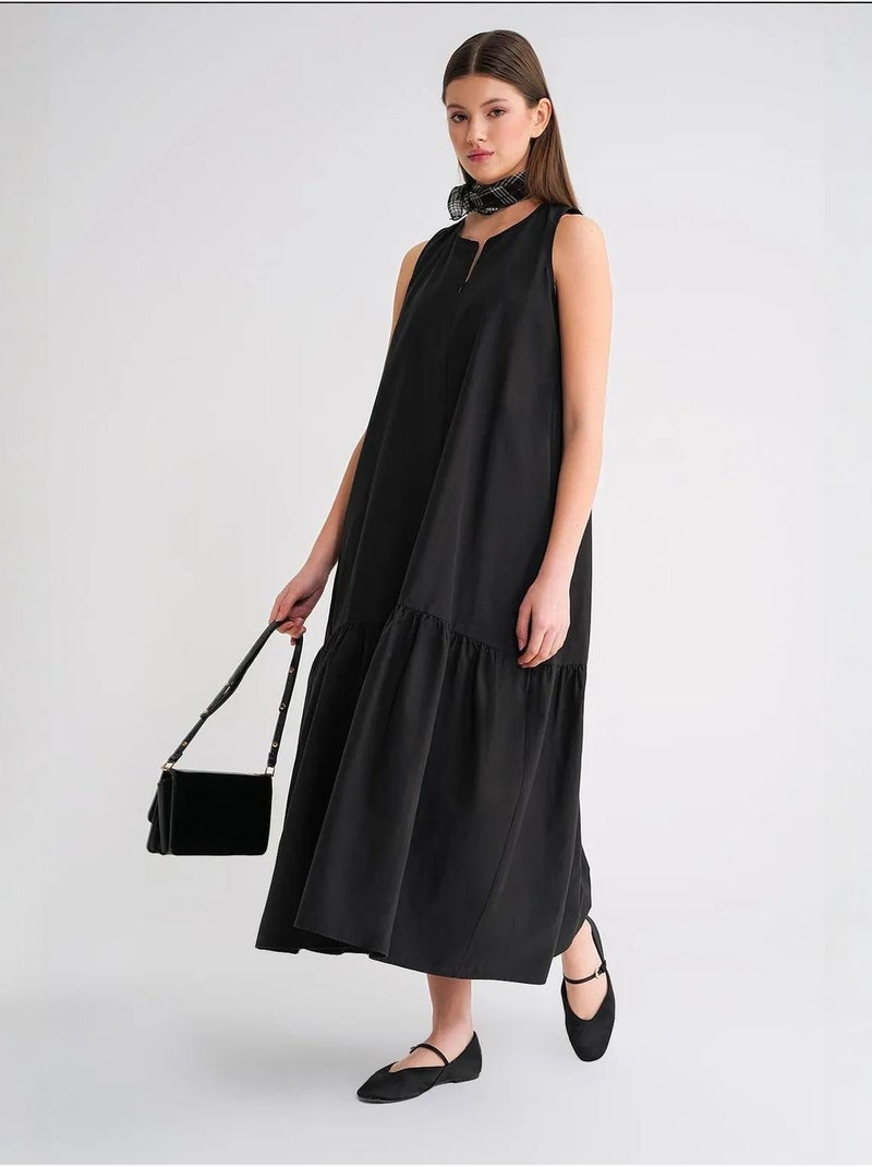 Abito maxi con colletto e dettagli con ruches mixray Nero - Kiabi