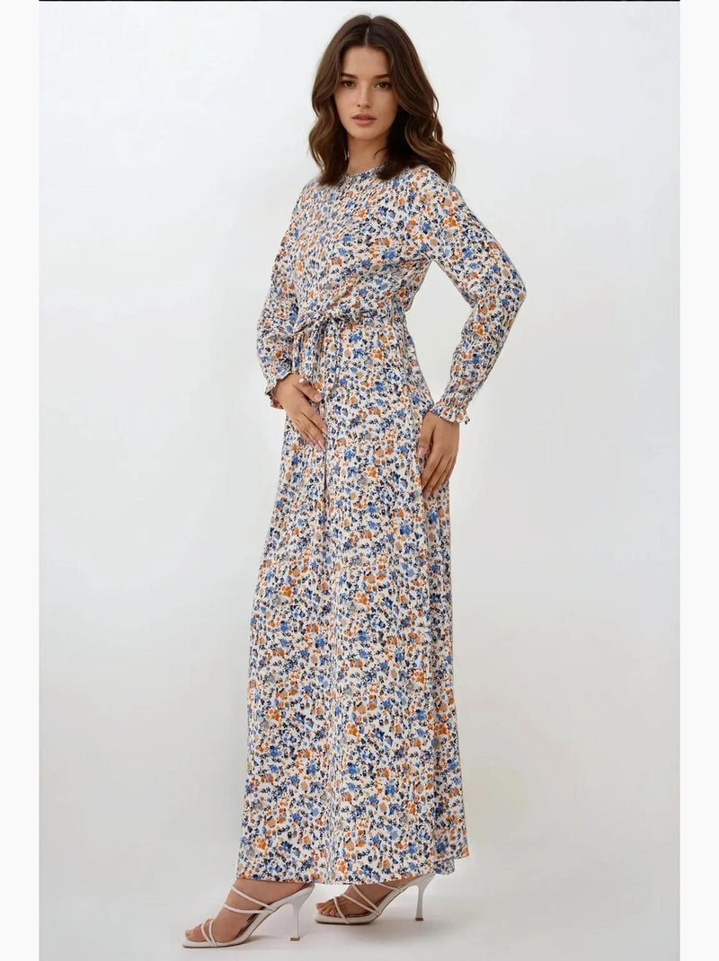 Abito maxi con girocollo a fiori con cintura hiccup Blu cielo - Kiabi