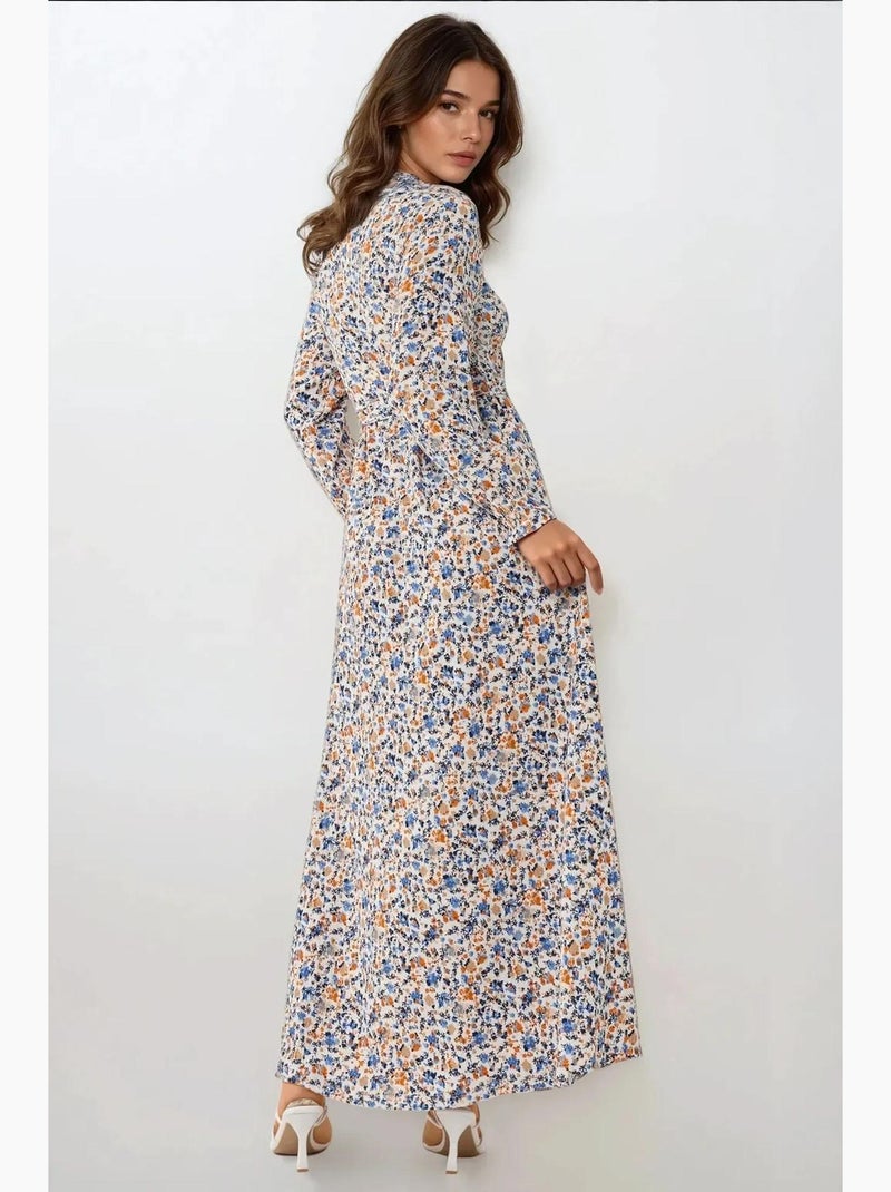 Abito maxi con girocollo a fiori con cintura hiccup Blu cielo - Kiabi