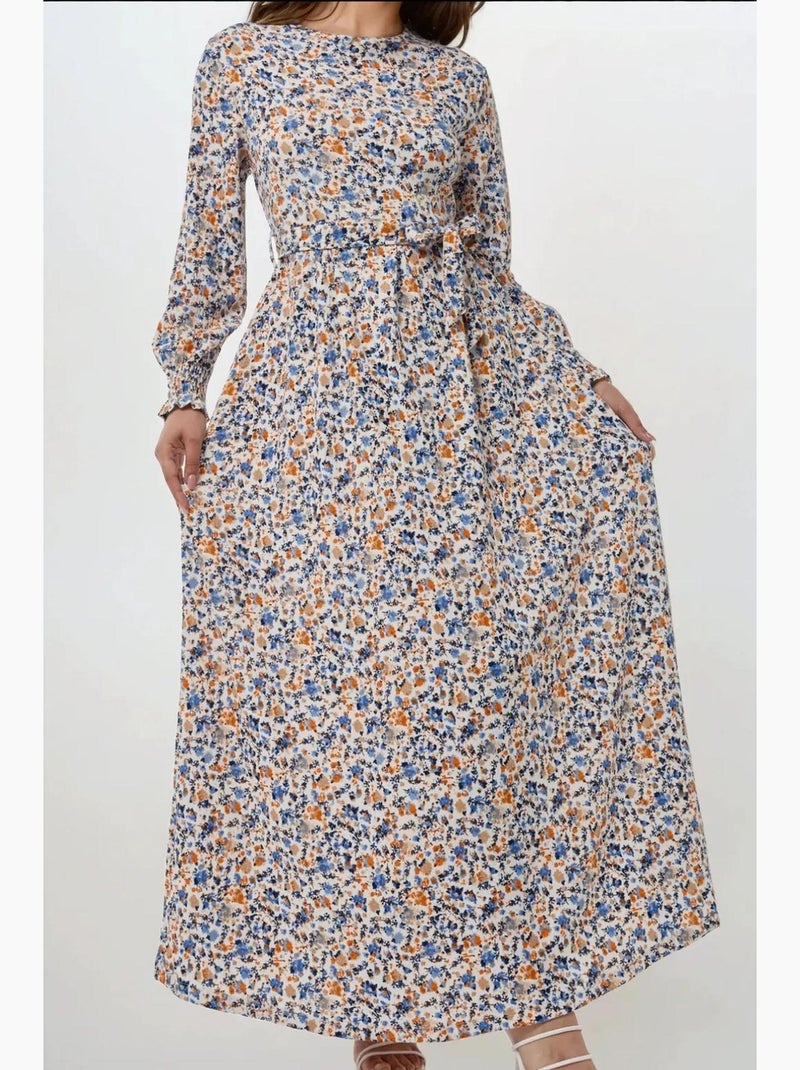 Abito maxi con girocollo a fiori con cintura hiccup Blu cielo - Kiabi