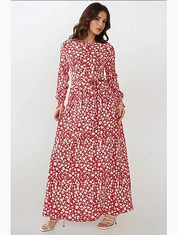 Abito maxi con girocollo a fiori con cintura hiccup
