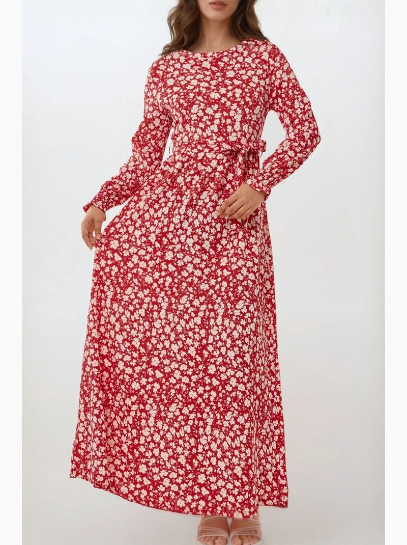 Abito maxi con girocollo a fiori con cintura hiccup Rosso - Kiabi