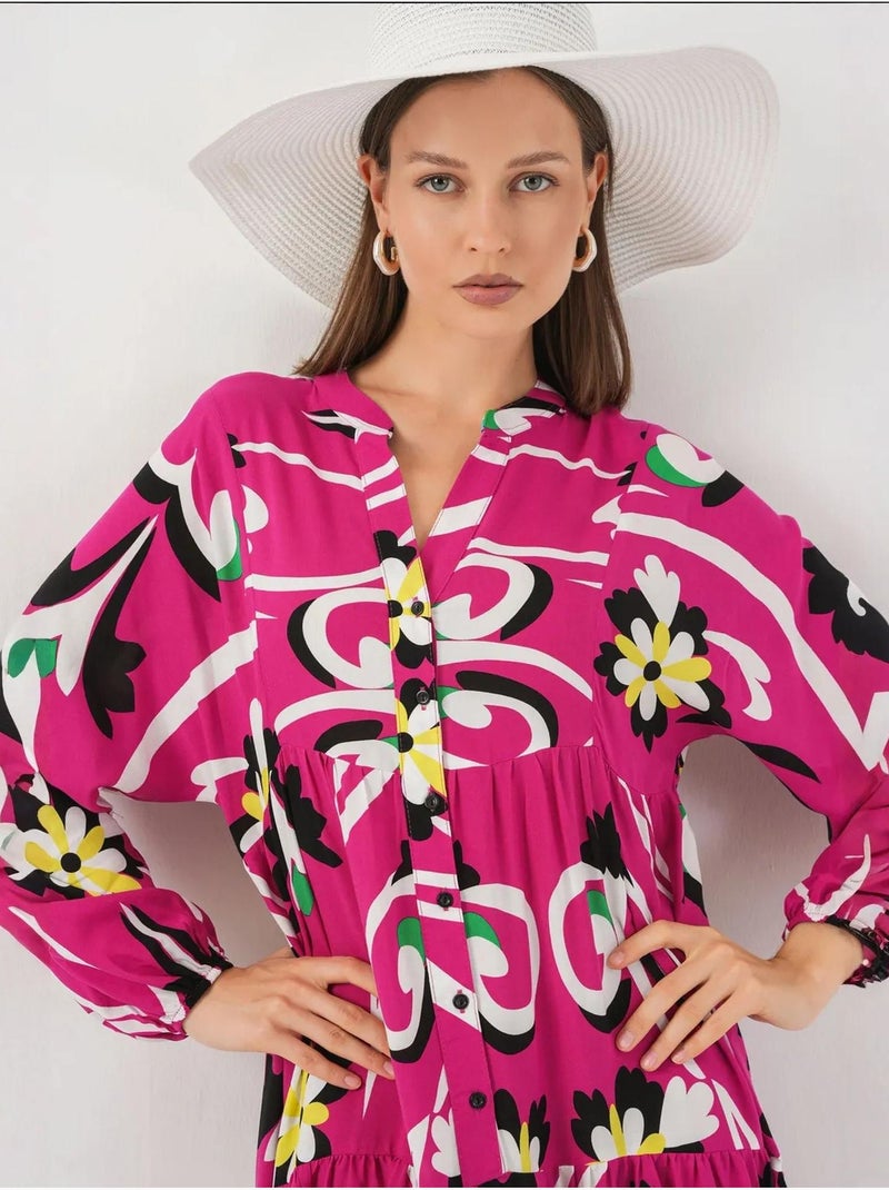Abito maxi con motivo e scollo a v bdart Rosa fucsia - Kiabi