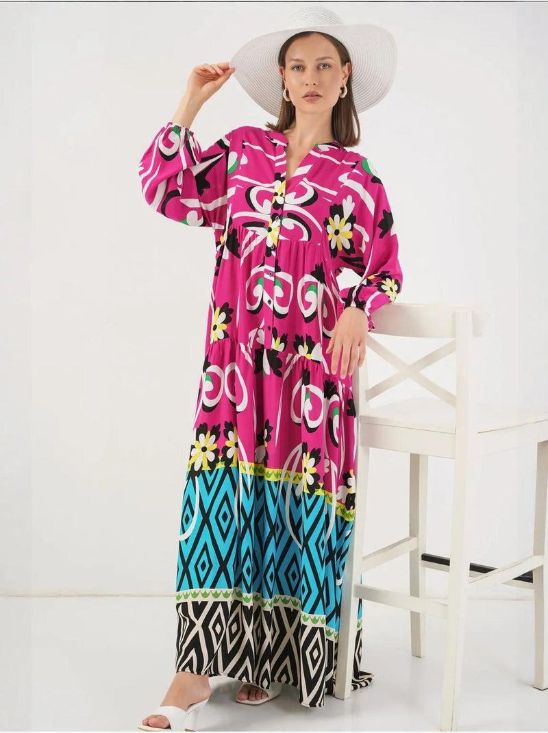 Abito maxi con motivo e scollo a v bdart Rosa fucsia - Kiabi
