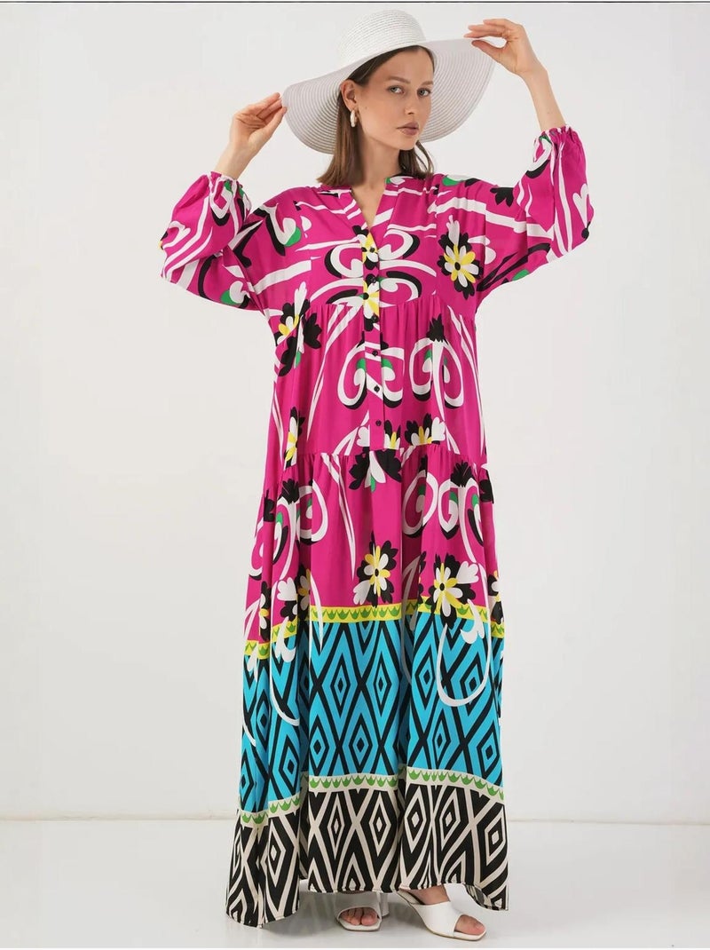 Abito maxi con motivo e scollo a v bdart Rosa fucsia - Kiabi