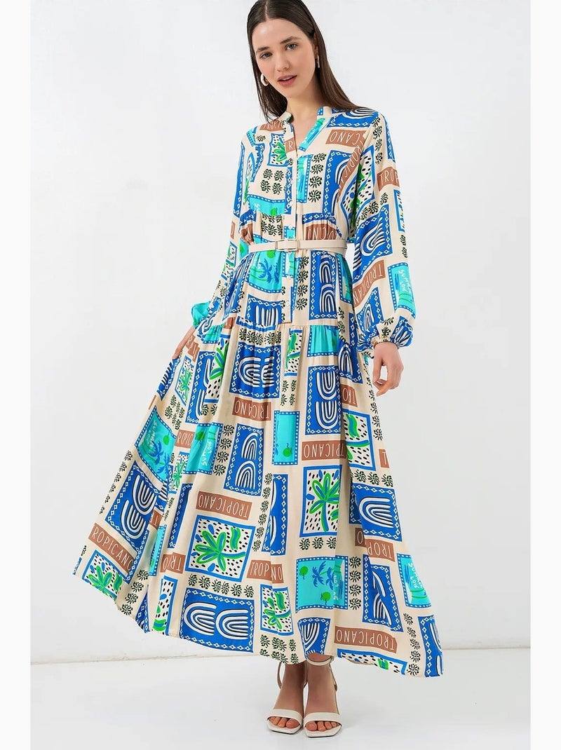 Abito maxi con motivo e scollo a v bdart Verde kaki chiaro - Kiabi