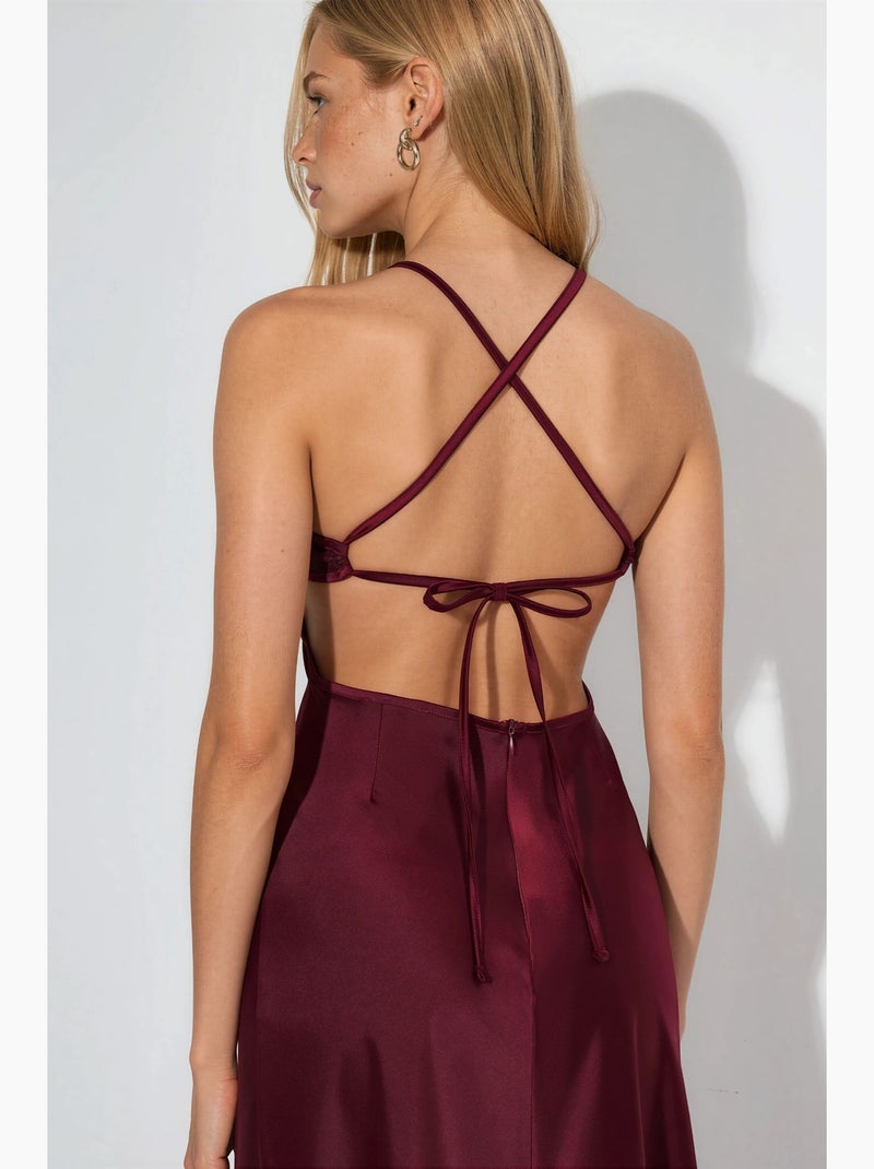 Abito maxi con scollo a cuore e dettagli in pizzo hiccup Rosso bordeaux - Kiabi