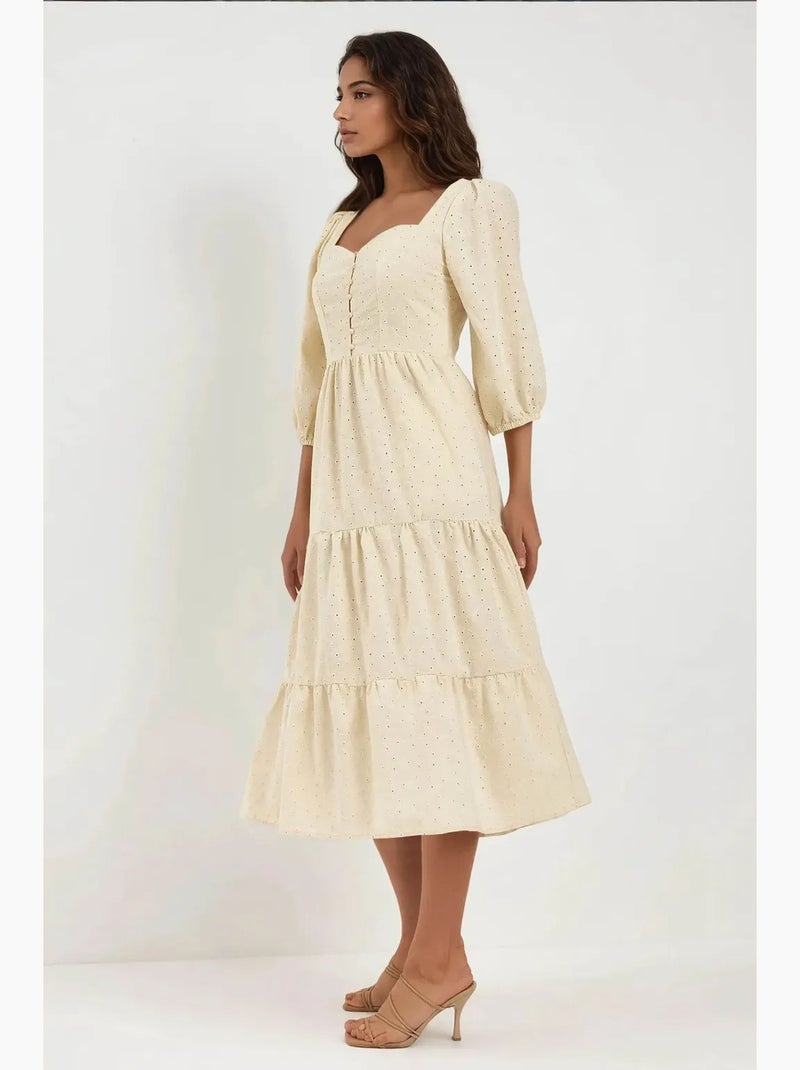 Abito maxi con scollo a cuore ricamato hiccup Sabbia - Kiabi
