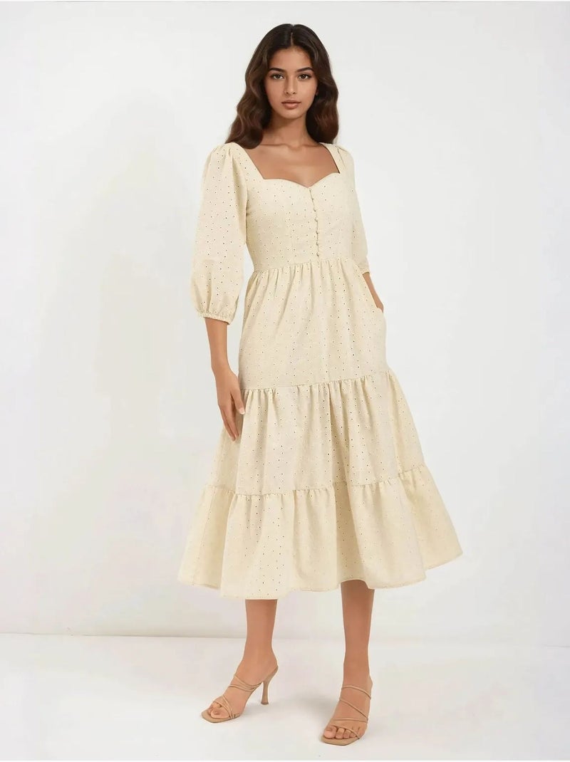 Abito maxi con scollo a cuore ricamato hiccup Sabbia - Kiabi