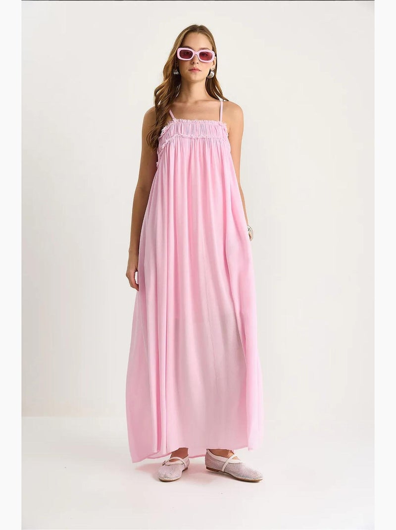 Abito maxi con scollo quadrato ricamato lucci Rosa pallido - Kiabi