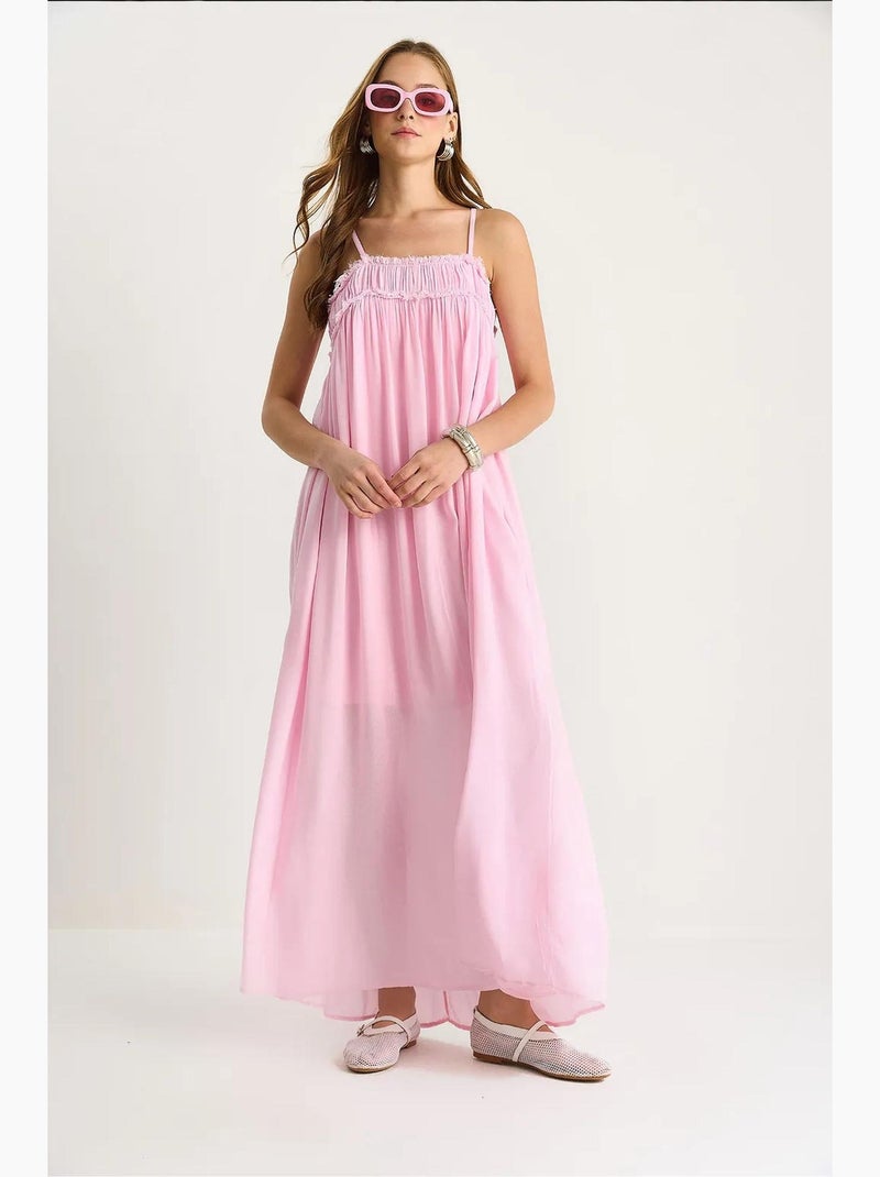 Abito maxi con scollo quadrato ricamato lucci Rosa pallido - Kiabi