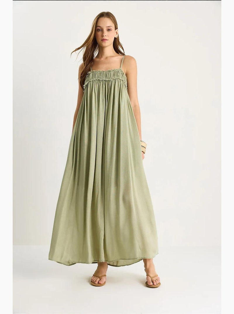 Abito maxi con scollo quadrato ricamato lucci Verde kaki - Kiabi