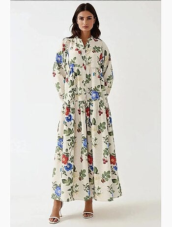 Abito maxi con scollo rotondo e stampa floreale effetto lino hiccup
