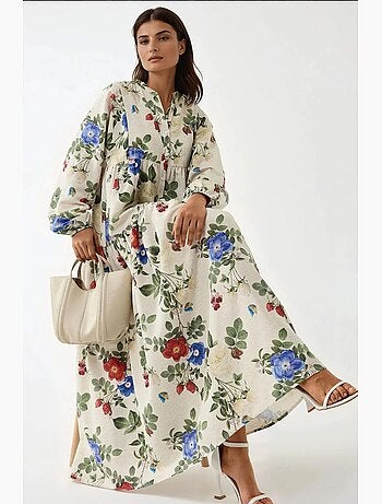 Abito maxi con scollo rotondo e stampa floreale effetto lino hiccup