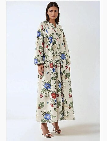Abito maxi con scollo rotondo e stampa floreale effetto lino hiccup