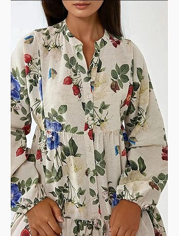 Abito maxi con scollo rotondo e stampa floreale effetto lino hiccup