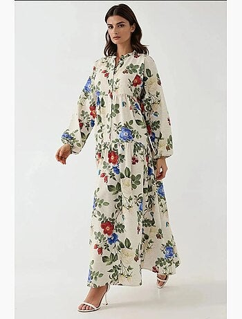 Abito maxi con scollo rotondo e stampa floreale effetto lino hiccup