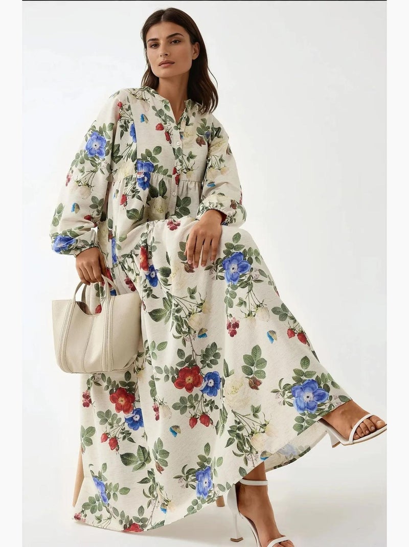 Abito maxi con scollo rotondo e stampa floreale effetto lino hiccup Crema - Kiabi