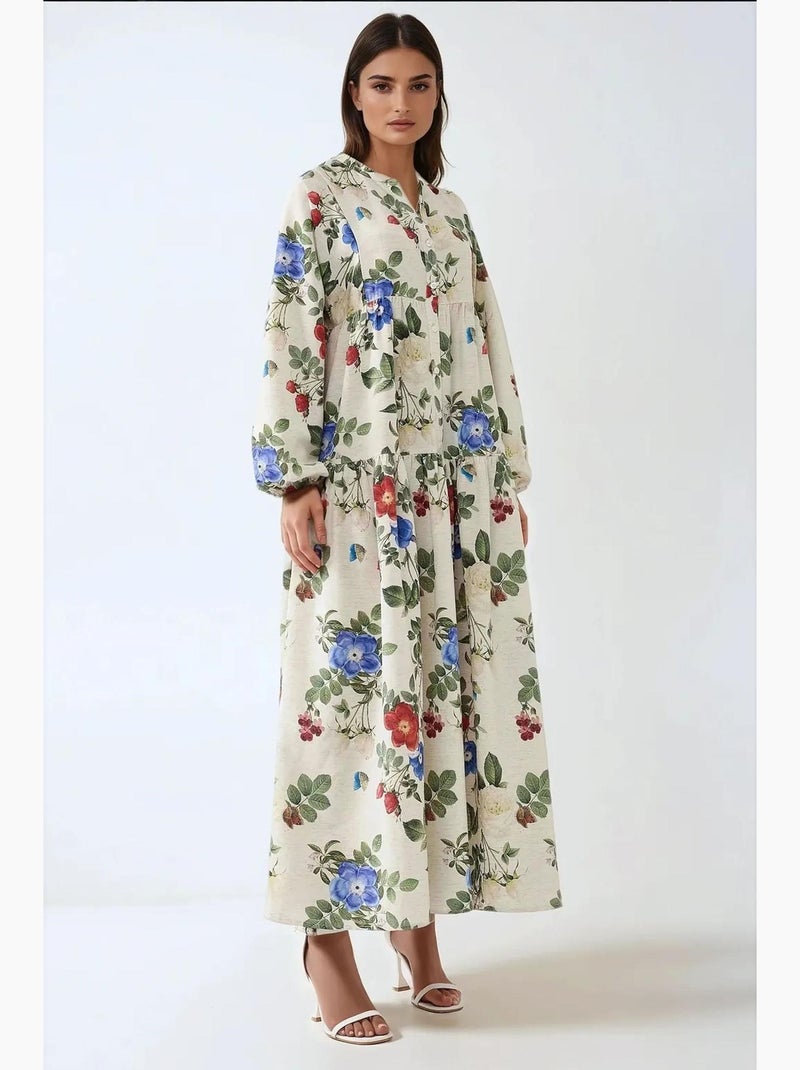 Abito maxi con scollo rotondo e stampa floreale effetto lino hiccup Crema - Kiabi