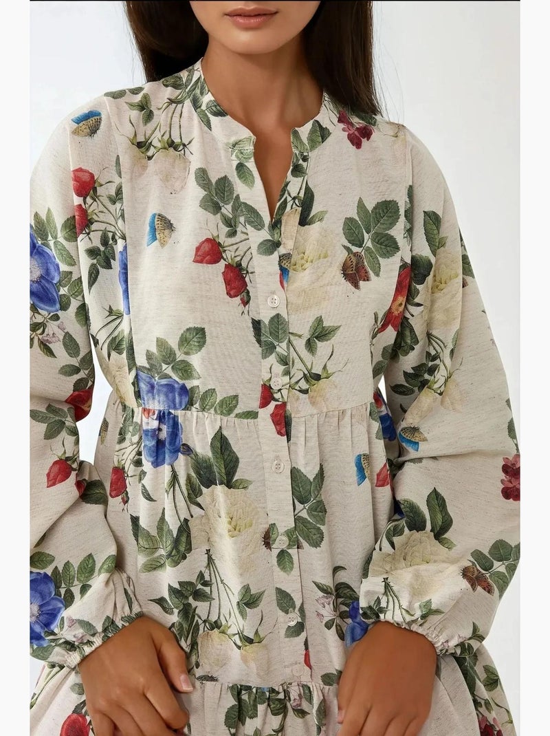 Abito maxi con scollo rotondo e stampa floreale effetto lino hiccup Crema - Kiabi