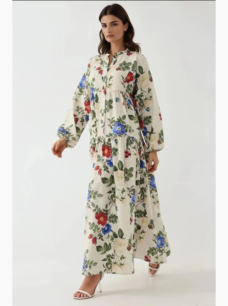Abito maxi con scollo rotondo e stampa floreale effetto lino hiccup Crema - Kiabi