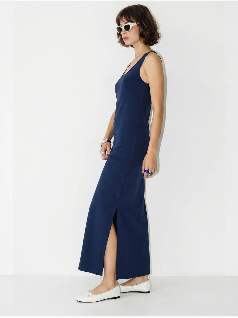Abito maxi dritto senza maniche con spacco lucci Blu marino - Kiabi