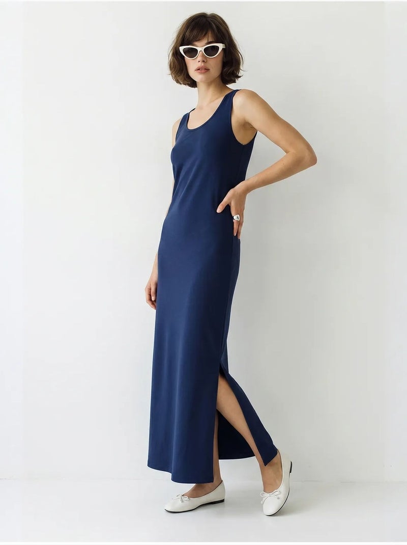 Abito maxi dritto senza maniche con spacco lucci Blu marino - Kiabi